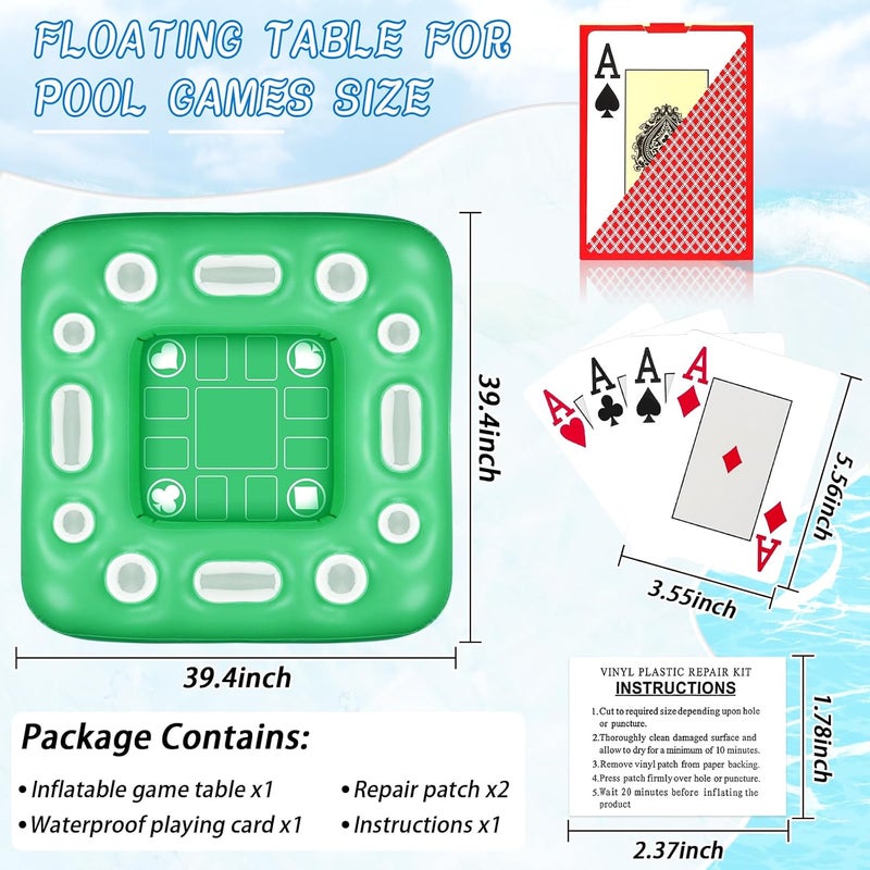 MJZ Floating Table for Pool Game, 40 x 40 in Floating Card Table for Pool with Food Drink Holders and Waterproof Playing Cards, Inflatable Floating Pool Table for Adults and Family Party (Green) - Image 2